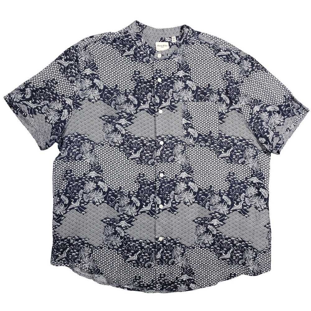 Murano Baird McNutt Linen Shirt Men XL Navy Japanese Crane Band Collar Short Slv